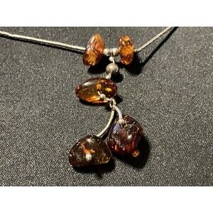 16in 925 Liquid Silver Amber Necklace W/ 2in Drop